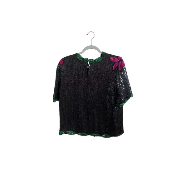 Vintage Stenay Black Sequin Floral Top With Pink Green & Blue Embellishments Sho - Picture 8 of 10